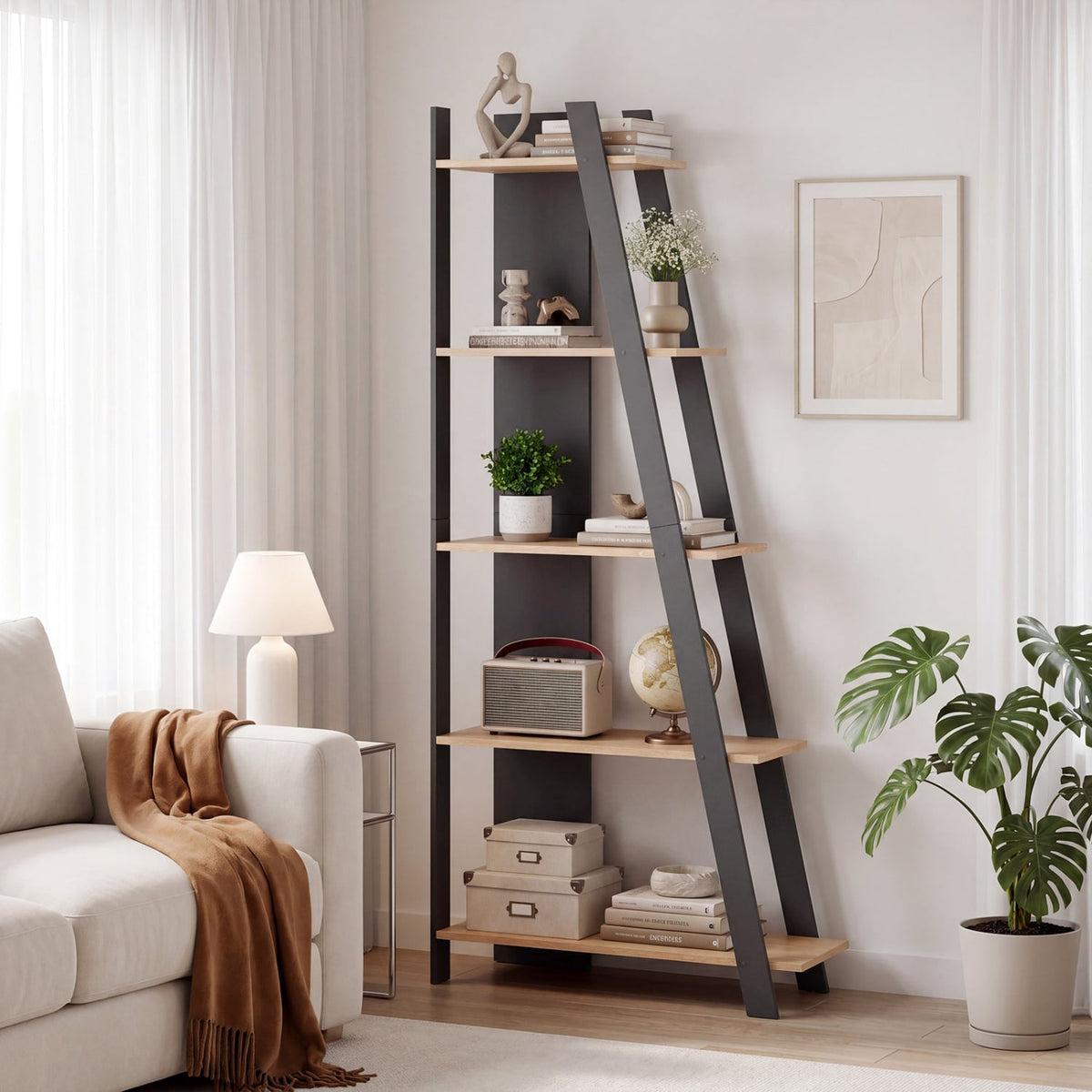 5-Tier Modern Bookshelf Narrow Vertical Display Shelf for Small Space-Gray view 2