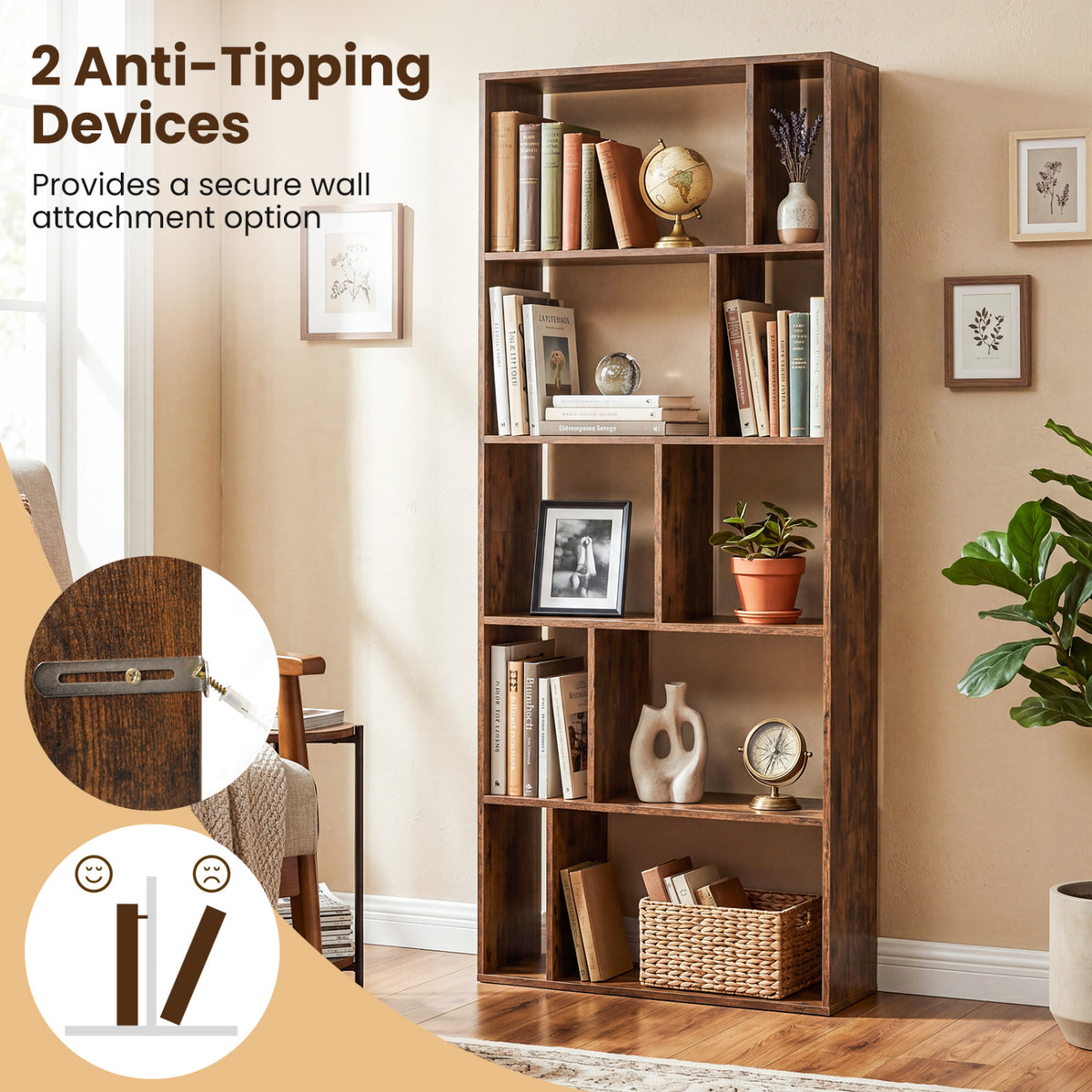 5-Tier Modern Bookshelf with Open Back and 2 Anti-Tipping Kits-Brown view 8