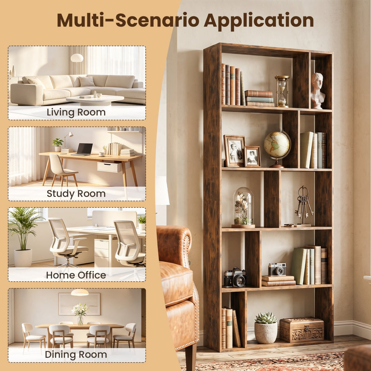 5-Tier Modern Bookshelf with Open Back and 2 Anti-Tipping Kits-Brown view 9