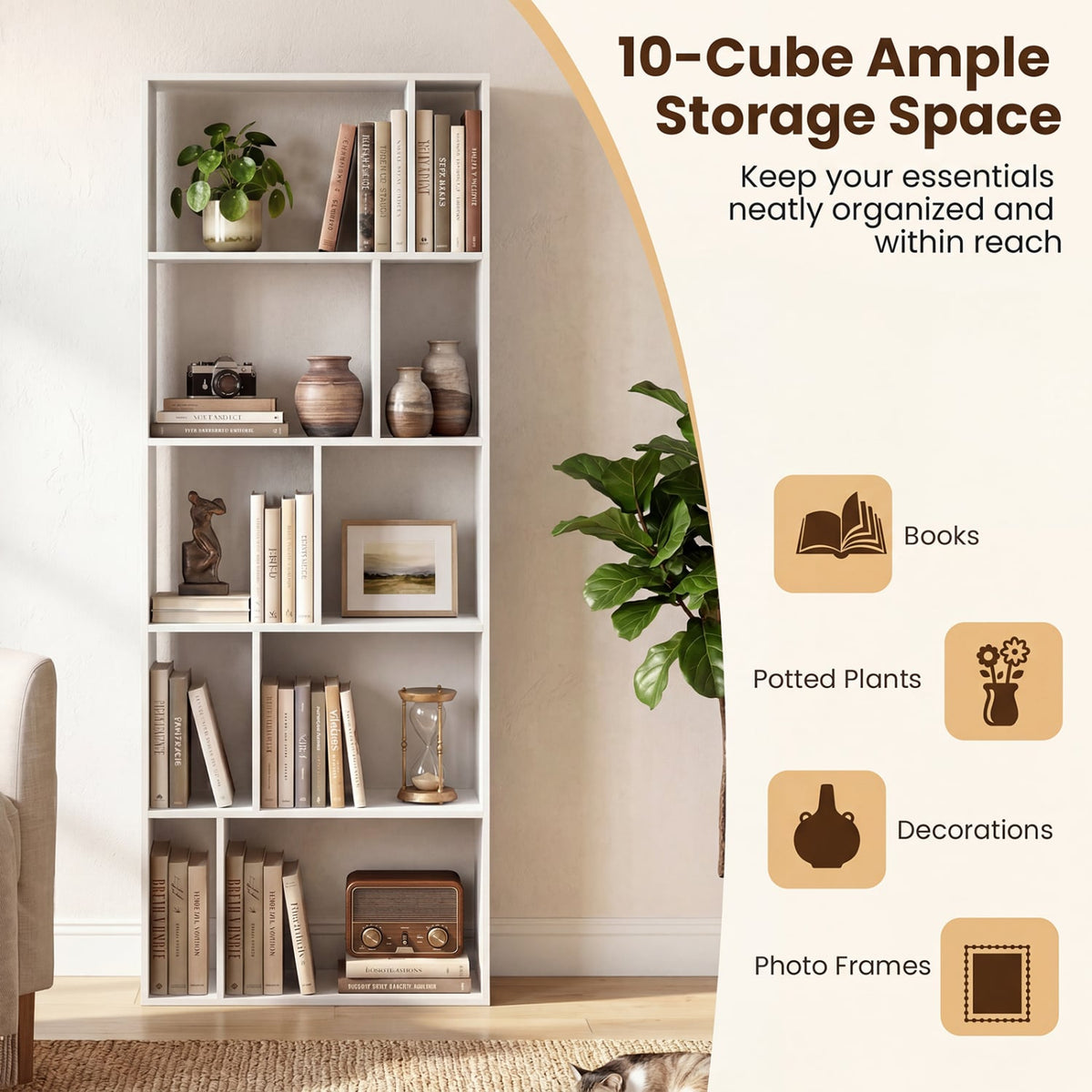 5-Tier Modern Bookshelf with Open Back and 2 Anti-Tipping Kits-White view 6