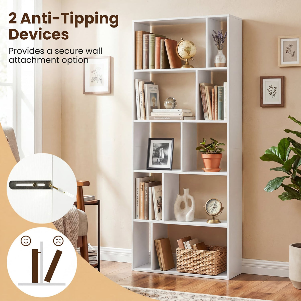5-Tier Modern Bookshelf with Open Back and 2 Anti-Tipping Kits-White view 7