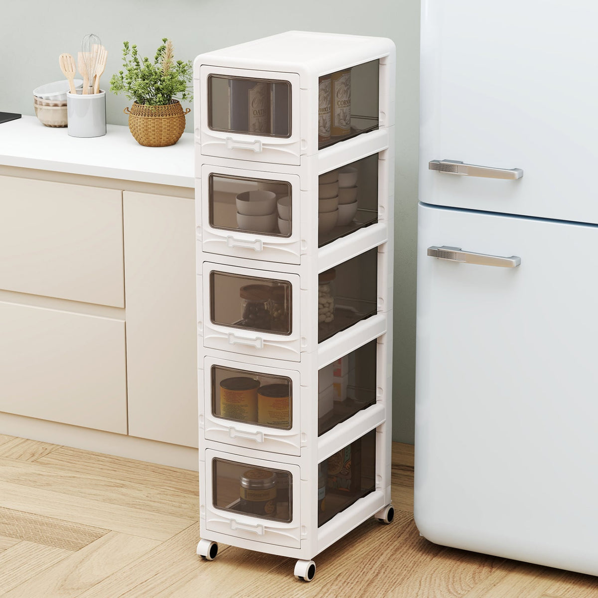 5-Tier Plastic Drawer Storage Organizer Rolling Cart with 3/4/5 Drawers and Lockable Wheels view 2