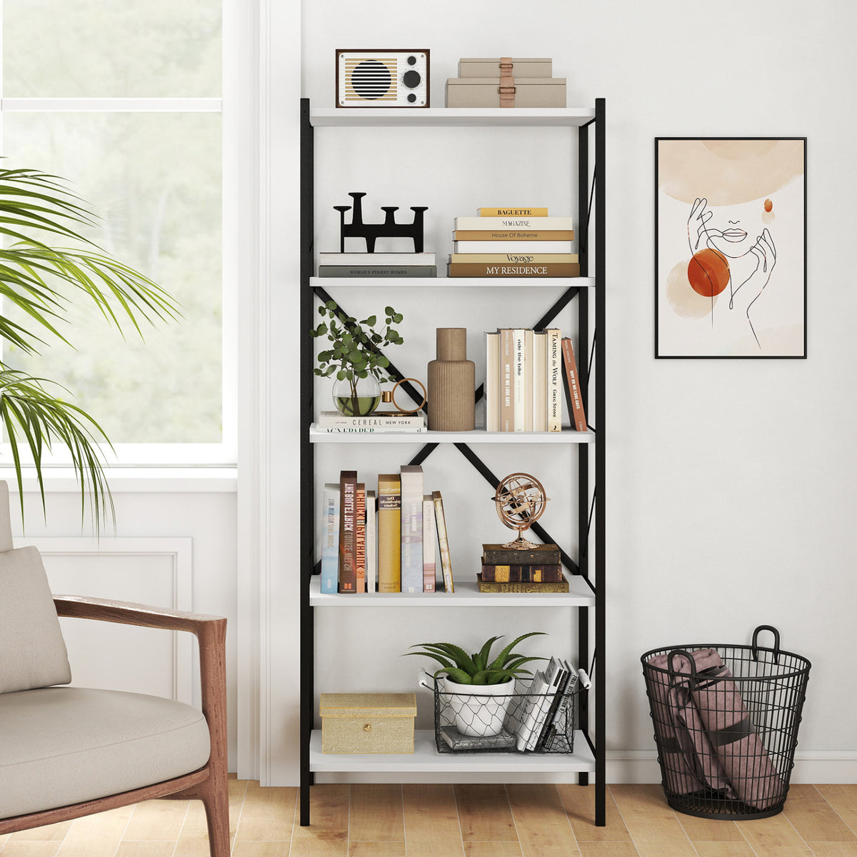 5-Tier Tall Bookshelf Industrial Bookcase with Heavy-Duty Metal Frame Modern Storage-White view 2