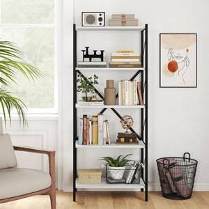 5-Tier Tall Bookshelf Industrial Bookcase with Heavy-Duty Metal Frame Modern Storage-White view 2