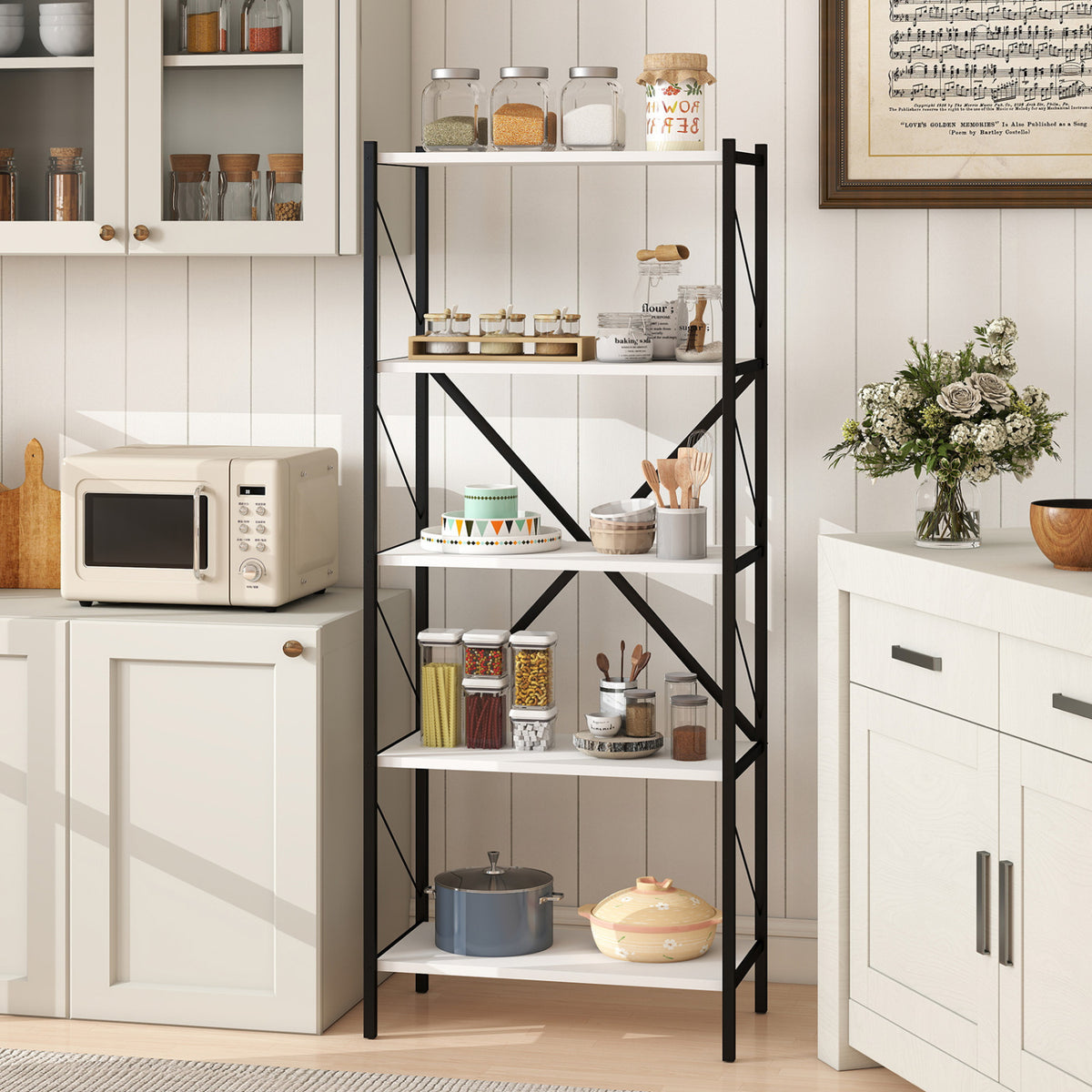 5-Tier Tall Bookshelf Industrial Bookcase with Heavy-Duty Metal Frame Modern Storage-White view 3