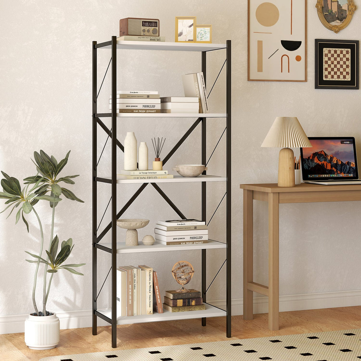 5-Tier Tall Bookshelf Industrial Bookcase with Heavy-Duty Metal Frame Modern Storage-White view 6