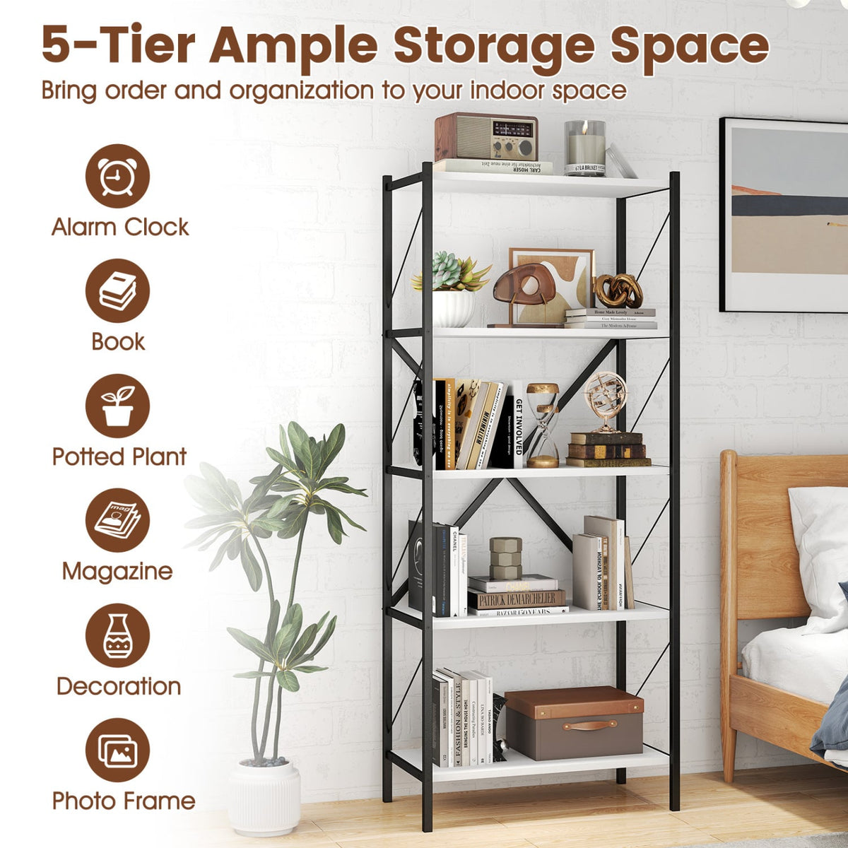 5-Tier Tall Bookshelf Industrial Bookcase with Heavy-Duty Metal Frame Modern Storage-White view 8