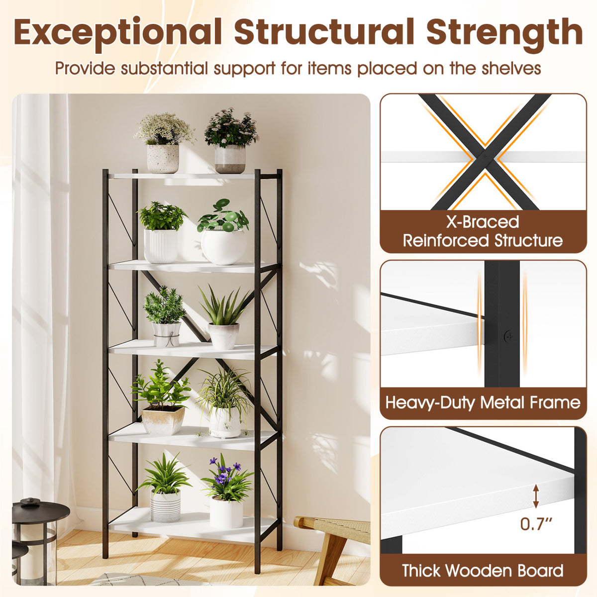 5-Tier Tall Bookshelf Industrial Bookcase with Heavy-Duty Metal Frame Modern Storage-White view 9