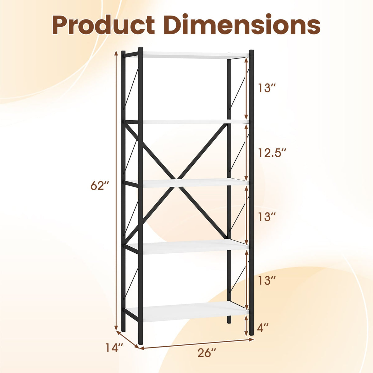 5-Tier Tall Bookshelf Industrial Bookcase with Heavy-Duty Metal Frame Modern Storage-White view 5