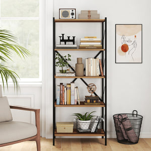 5-Tier Tall Bookshelf Industrial Bookcase with Heavy-Duty Metal Frame Modern Storage-Walnut view 2