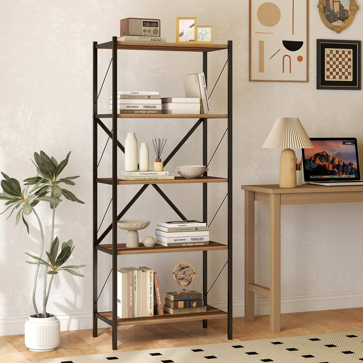 5-Tier Tall Bookshelf Industrial Bookcase with Heavy-Duty Metal Frame Modern Storage-Walnut view 3