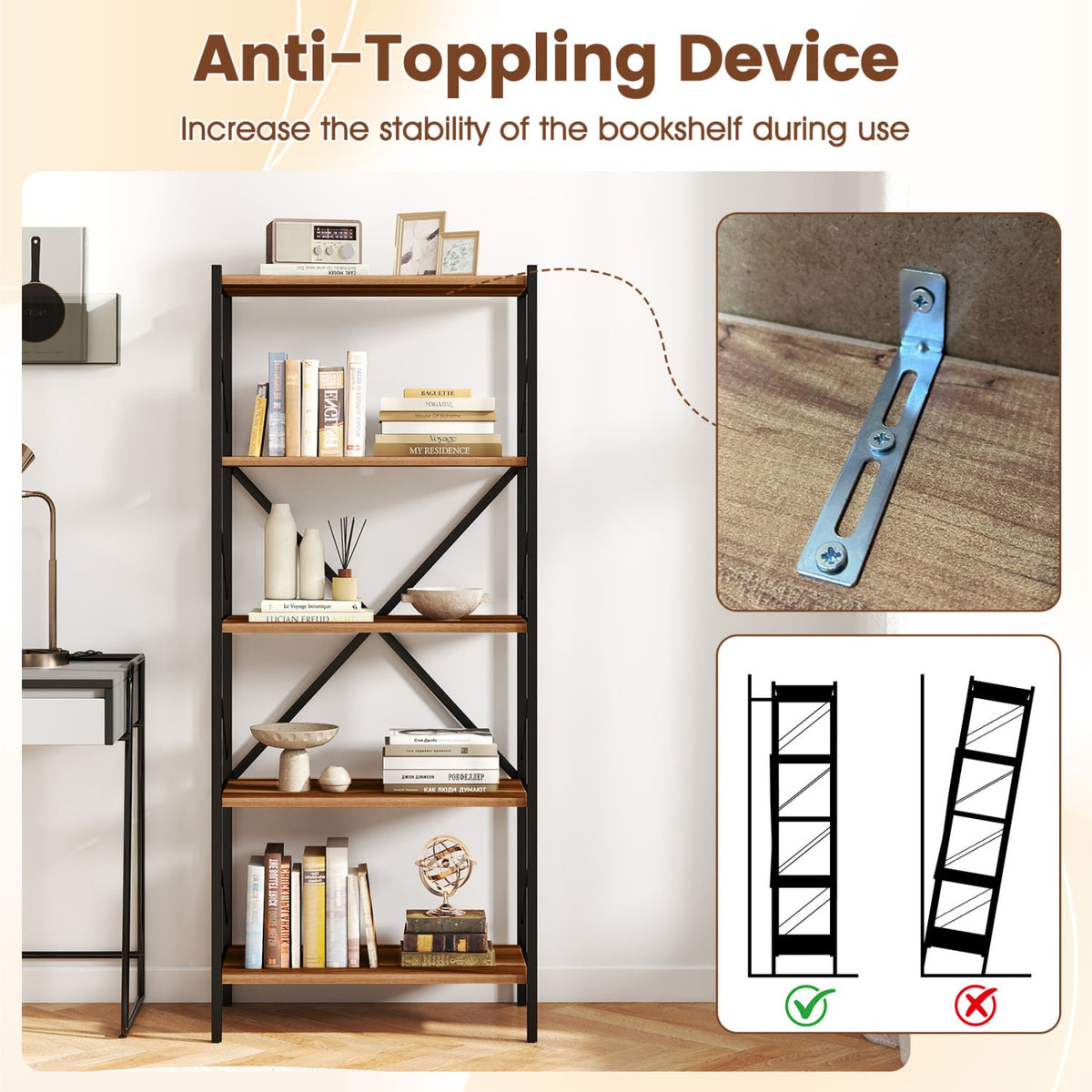 5-Tier Tall Bookshelf Industrial Bookcase with Heavy-Duty Metal Frame Modern Storage-Walnut view 9