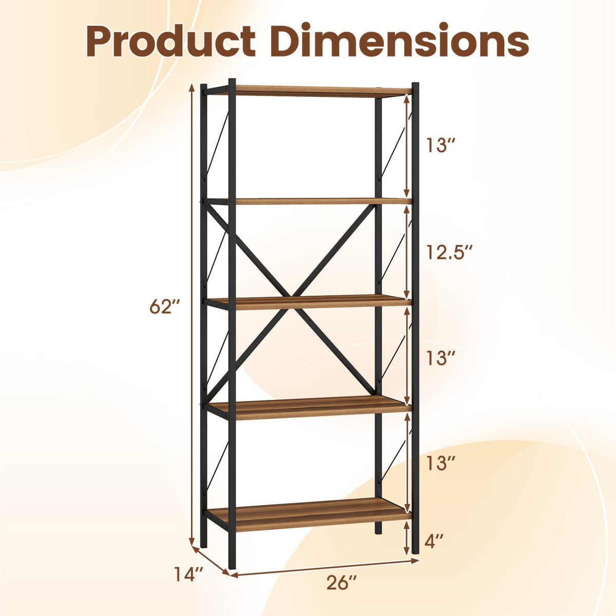 5-Tier Tall Bookshelf Industrial Bookcase with Heavy-Duty Metal Frame Modern Storage-Walnut view 5