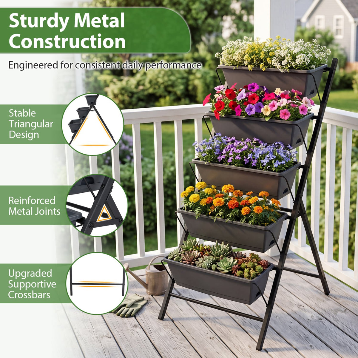 5-Tier Vertical Raised Garden Bed with Drainage System and Removable Trays for Vegetables-Black view 8