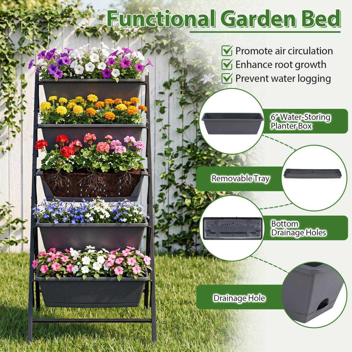 5-Tier Vertical Raised Garden Bed with Drainage System and Removable Trays for Vegetables-Black view 9