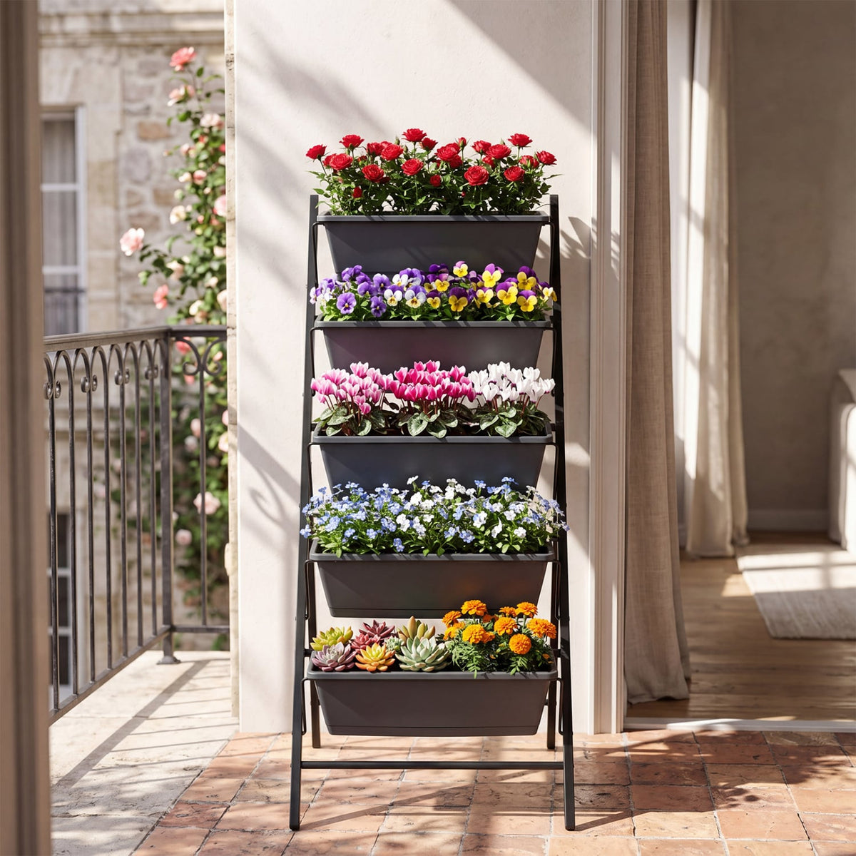 5-Tier Vertical Raised Garden Bed with Drainage System and Removable Trays for Vegetables-Black view 3