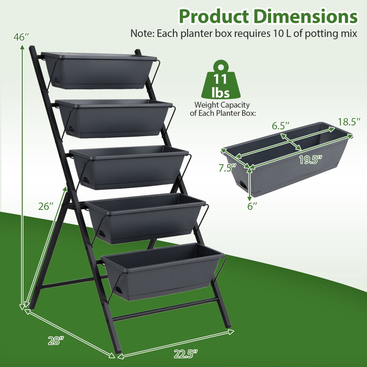 5-Tier Vertical Raised Garden Bed with Drainage System and Removable Trays for Vegetables-Black view 5