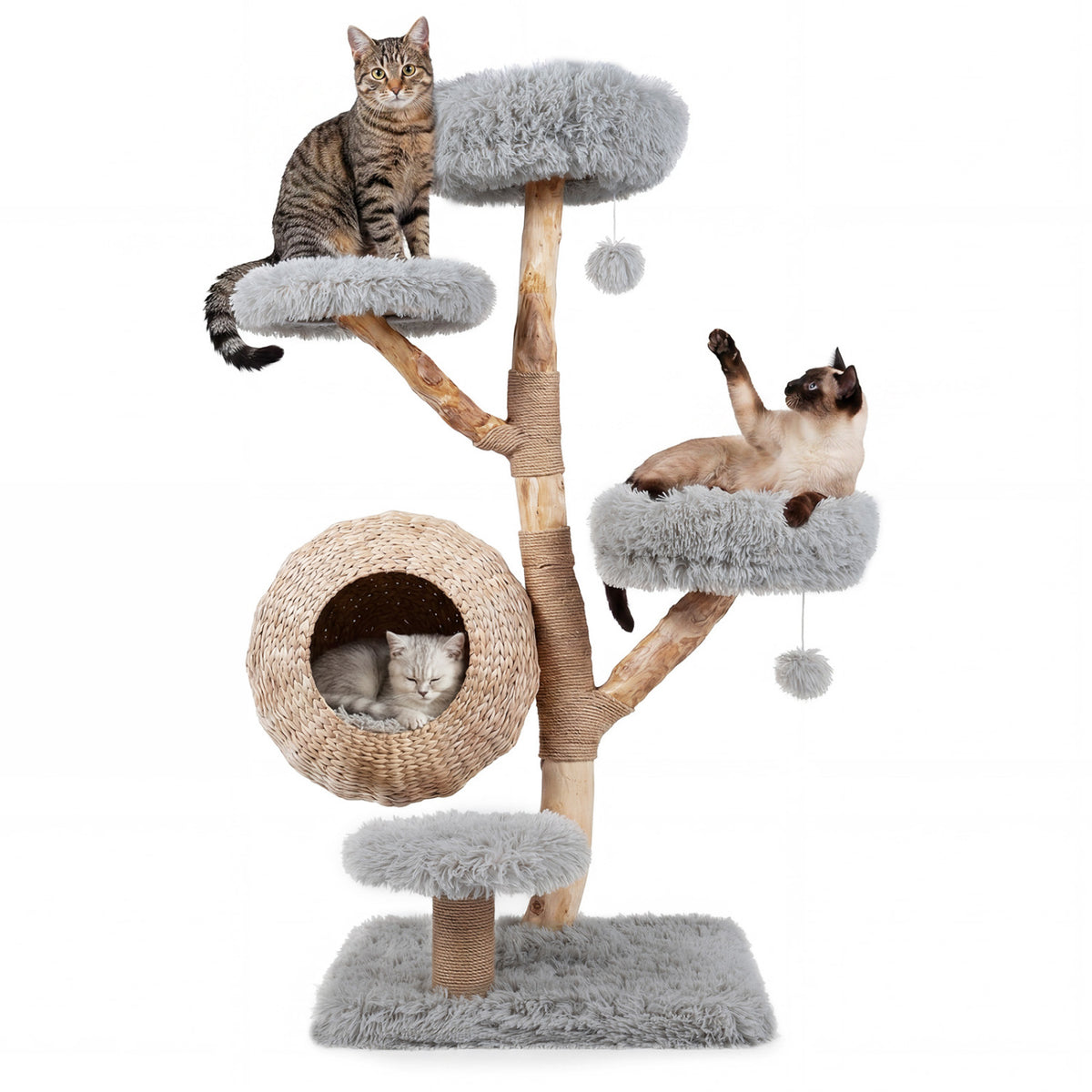 5-Tier Wooden Cat Tree with Woven Condo Plush Perches Jute Posts & Balls-Gray