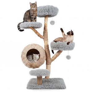 5-Tier Wooden Cat Tree with Woven Condo Plush Perches Jute Posts & Balls-Gray