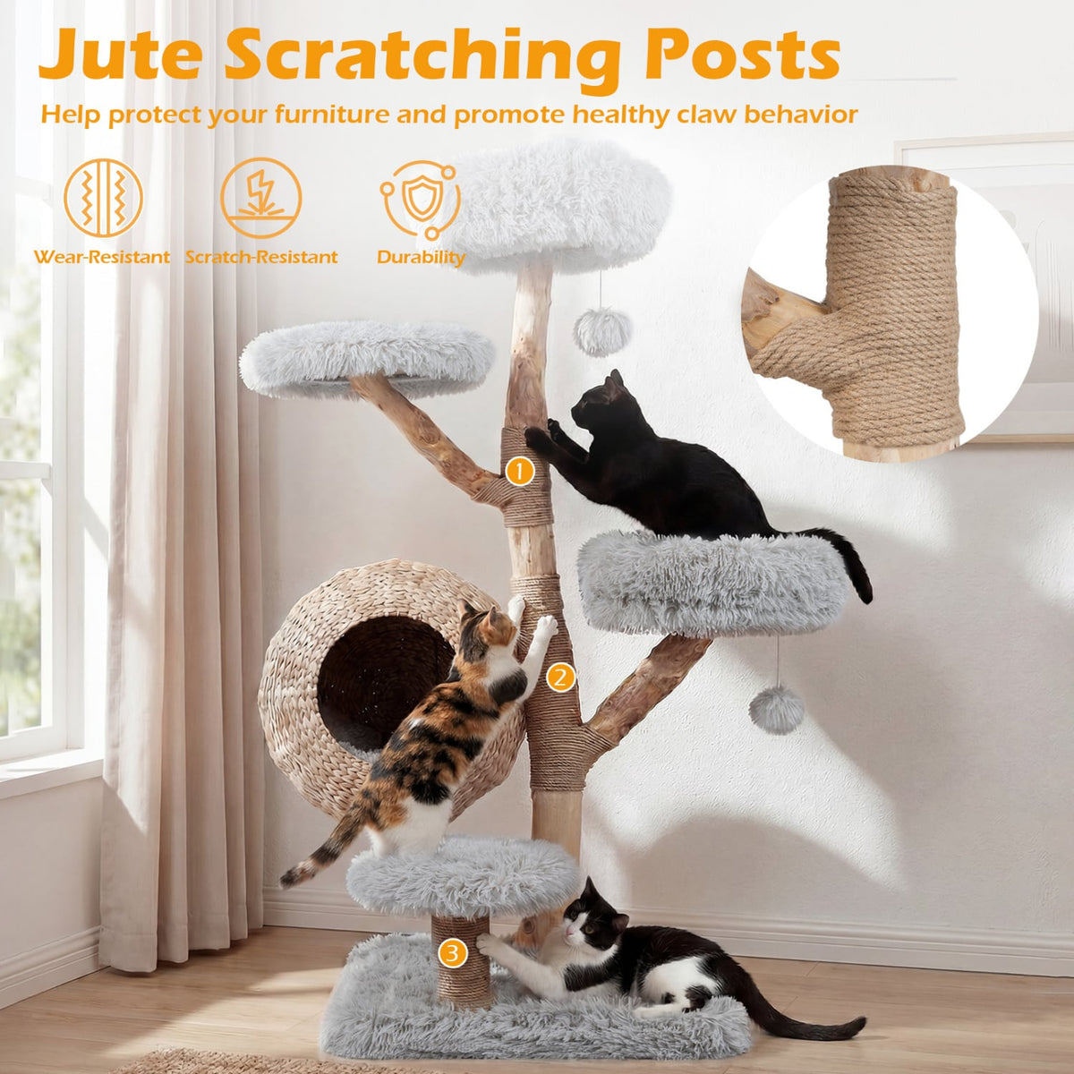 5-Tier Wooden Cat Tree with Woven Condo Plush Perches Jute Posts & Balls-Gray view 7
