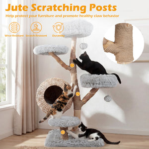 5-Tier Wooden Cat Tree with Woven Condo Plush Perches Jute Posts & Balls-Gray view 7