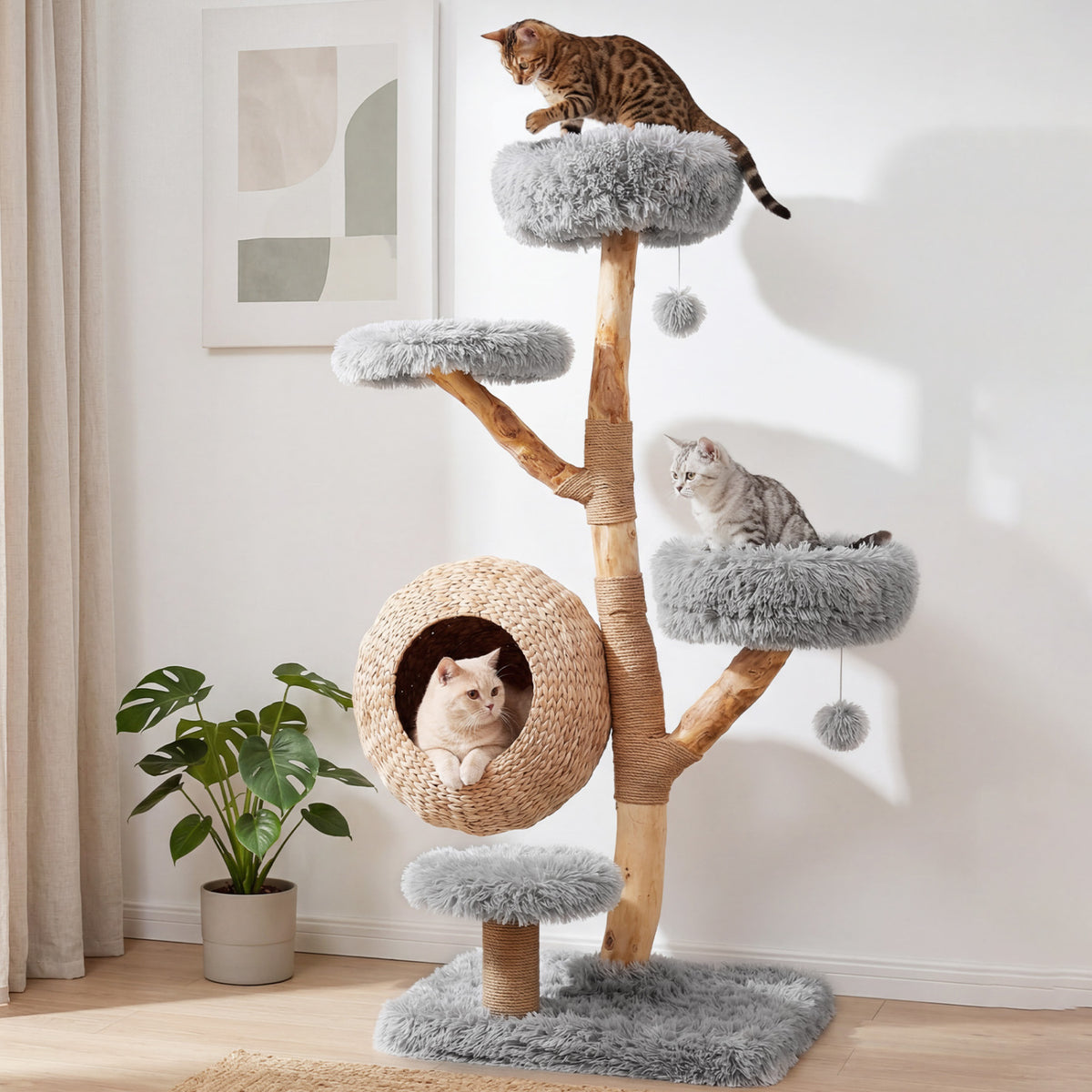 5-Tier Wooden Cat Tree with Woven Condo Plush Perches Jute Posts & Balls-Gray view 2