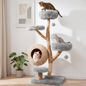 5-Tier Wooden Cat Tree with Woven Condo Plush Perches Jute Posts & Balls-Gray view 2