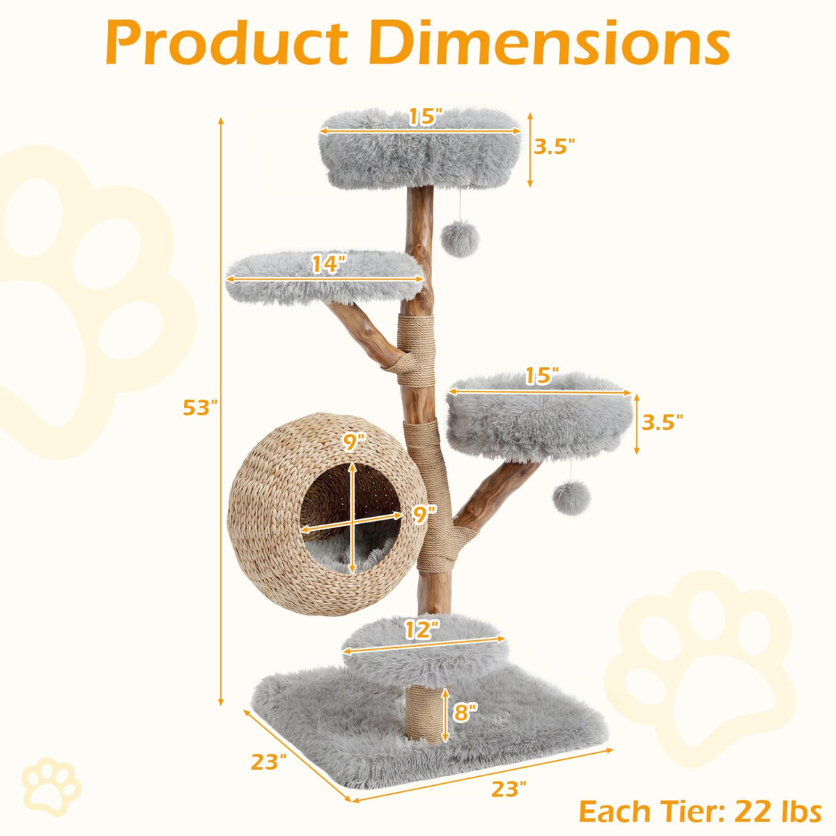 5-Tier Wooden Cat Tree with Woven Condo Plush Perches Jute Posts & Balls-Gray view 4