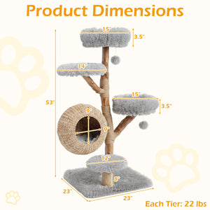 5-Tier Wooden Cat Tree with Woven Condo Plush Perches Jute Posts & Balls-Gray view 4