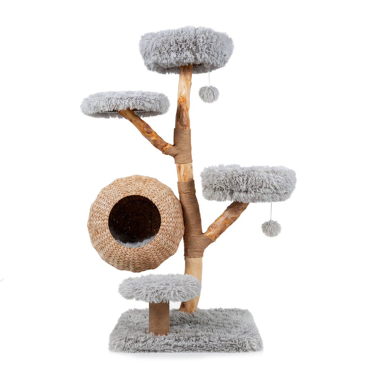 5-Tier Wooden Cat Tree with Woven Condo Plush Perches Jute Posts & Balls-Gray view 3