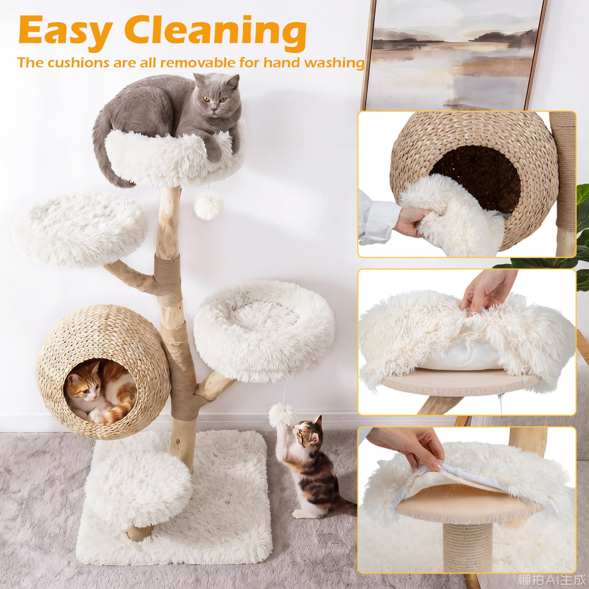 5-Tier Wooden Cat Tree with Woven Condo Plush Perches Jute Posts & Balls-White view 6