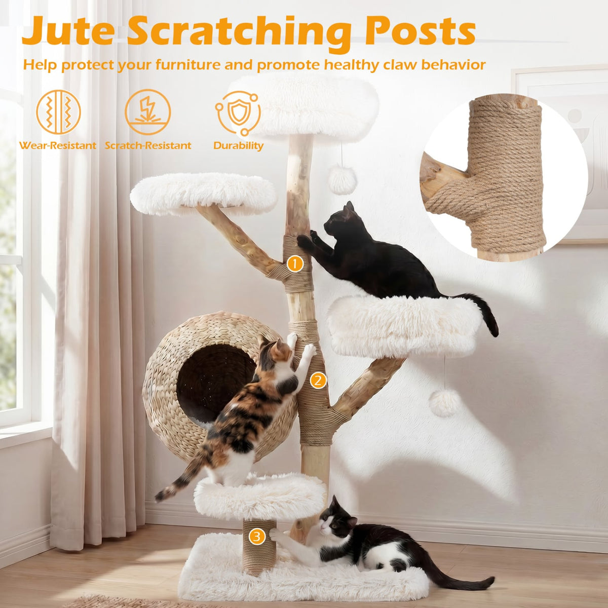 5-Tier Wooden Cat Tree with Woven Condo Plush Perches Jute Posts & Balls-White view 7