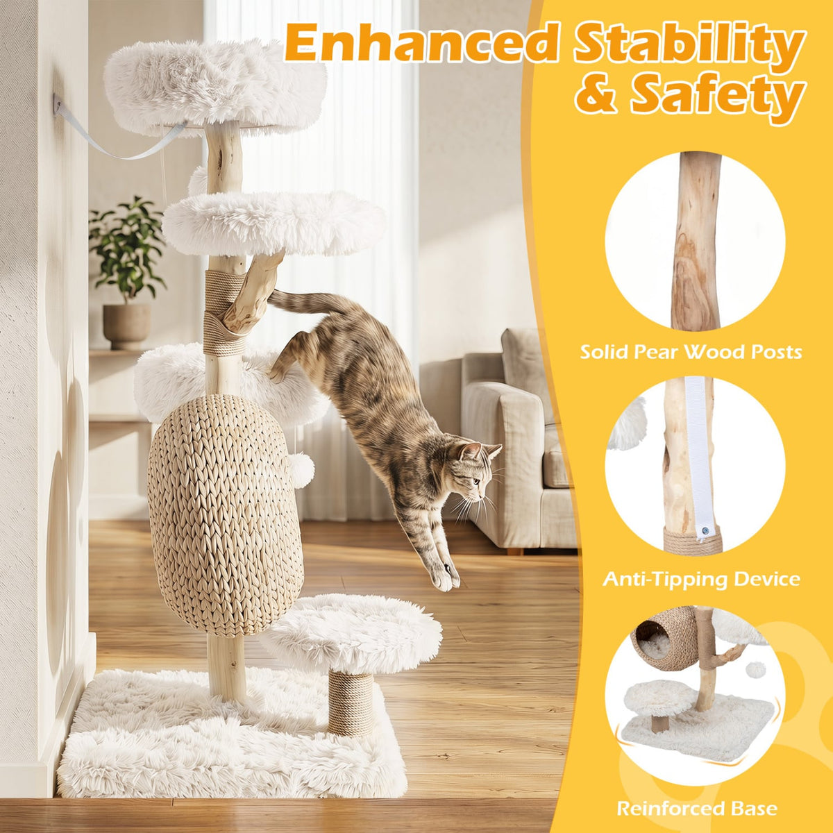 5-Tier Wooden Cat Tree with Woven Condo Plush Perches Jute Posts & Balls-White view 8