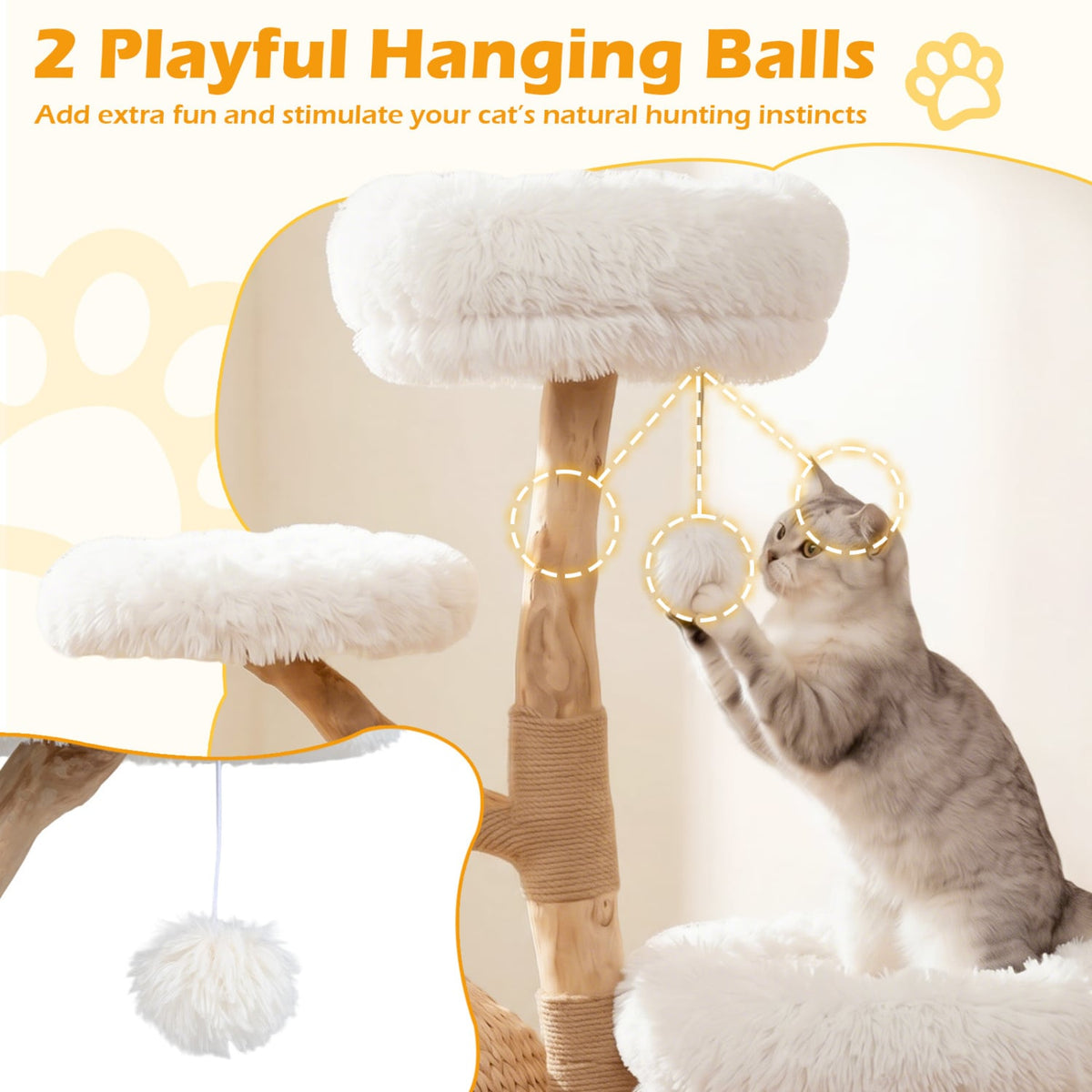 5-Tier Wooden Cat Tree with Woven Condo Plush Perches Jute Posts & Balls-White view 9