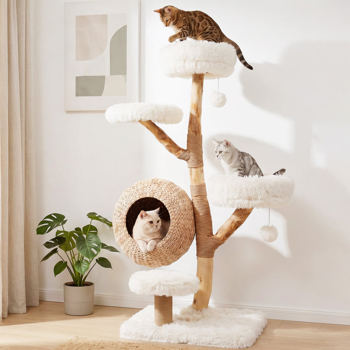 5-Tier Wooden Cat Tree with Woven Condo Plush Perches Jute Posts & Balls-White view 2