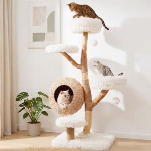 5-Tier Wooden Cat Tree with Woven Condo Plush Perches Jute Posts & Balls-White view 2
