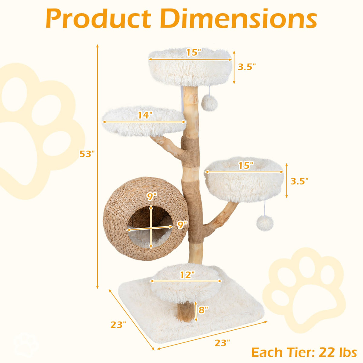 5-Tier Wooden Cat Tree with Woven Condo Plush Perches Jute Posts & Balls-White view 4