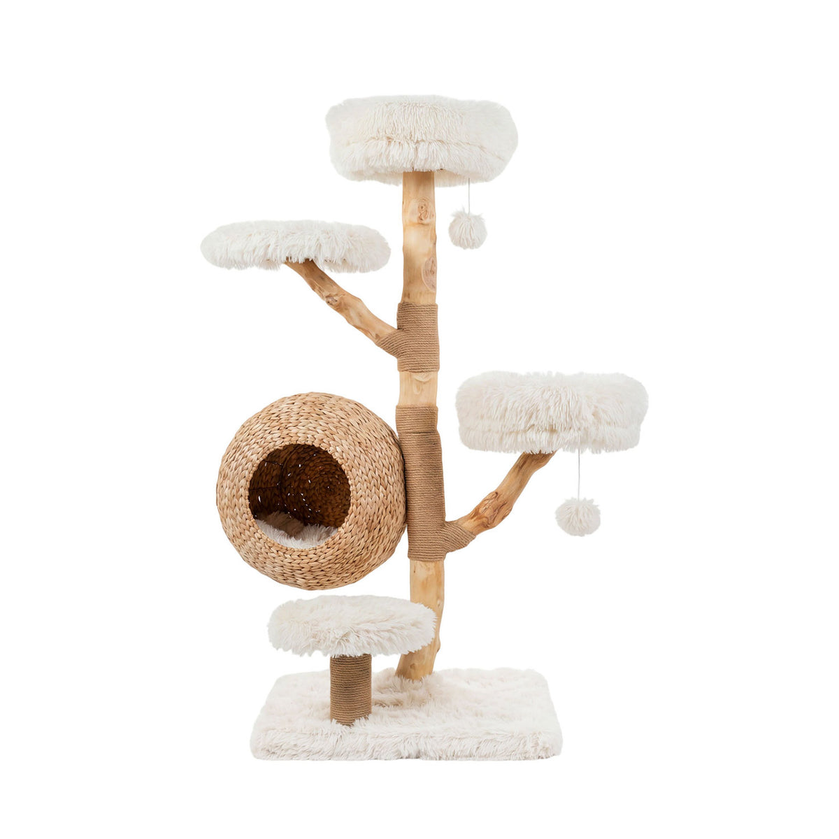 5-Tier Wooden Cat Tree with Woven Condo Plush Perches Jute Posts & Balls-White view 3
