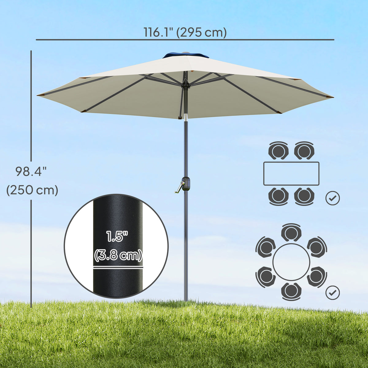 10' x 8' Round Market Umbrella, Patio Umbrella with Crank Handle and Tilt, Outdoor Parasol for Garden, Blue – view 30
