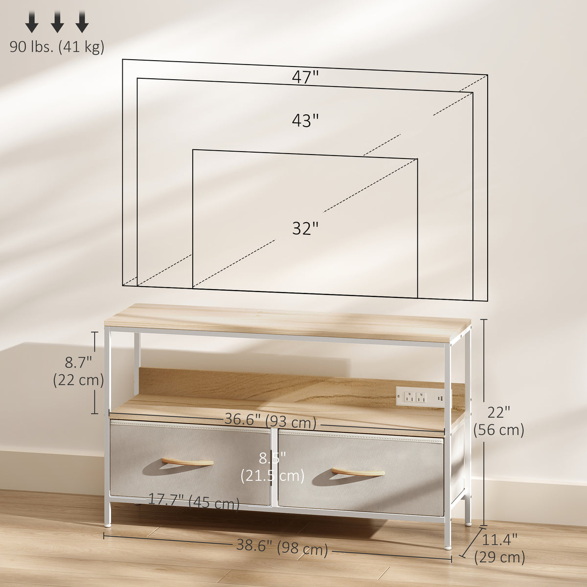 TV Stand with Charging Station, TV Table with 2 Foldable Linen Drawers and Open Shelf for 47 Inch – view 30