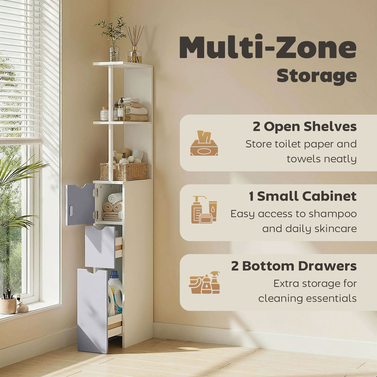 Tall Bathroom Storage Cabinet, Narrow Bathroom Cabinet with Drawers and Open Shelves for Small Spaces – view 7