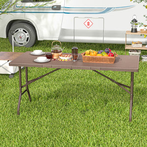 5FT Folding Picnic Table with Rattan Grain HDPE Tabletop and Sturdy Metal Fame-Coffee view 2