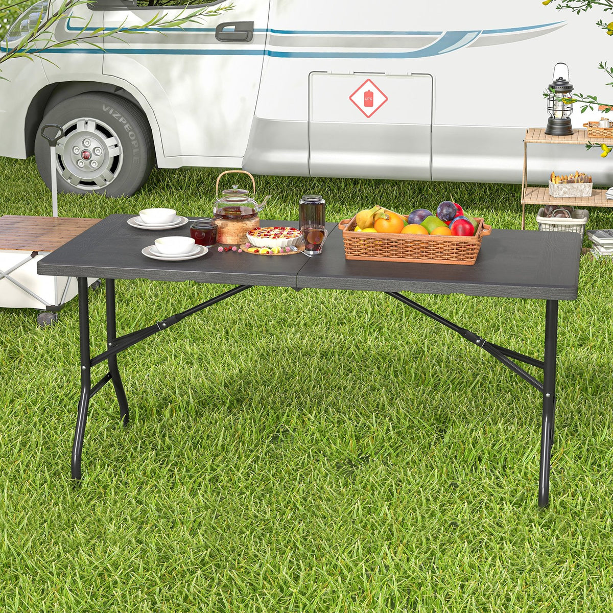 5FT Folding Picnic Table with Wood Grain HDPE Tabletop and, Non-slip Foot Pads-Black view 2