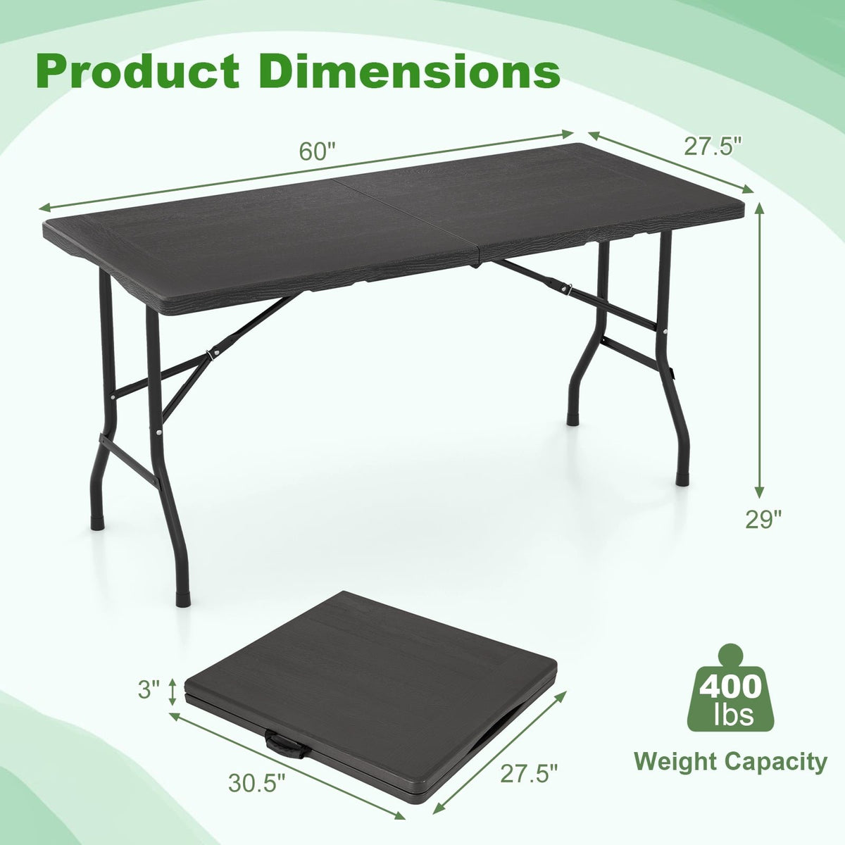 5FT Folding Picnic Table with Wood Grain HDPE Tabletop and, Non-slip Foot Pads-Black view 5