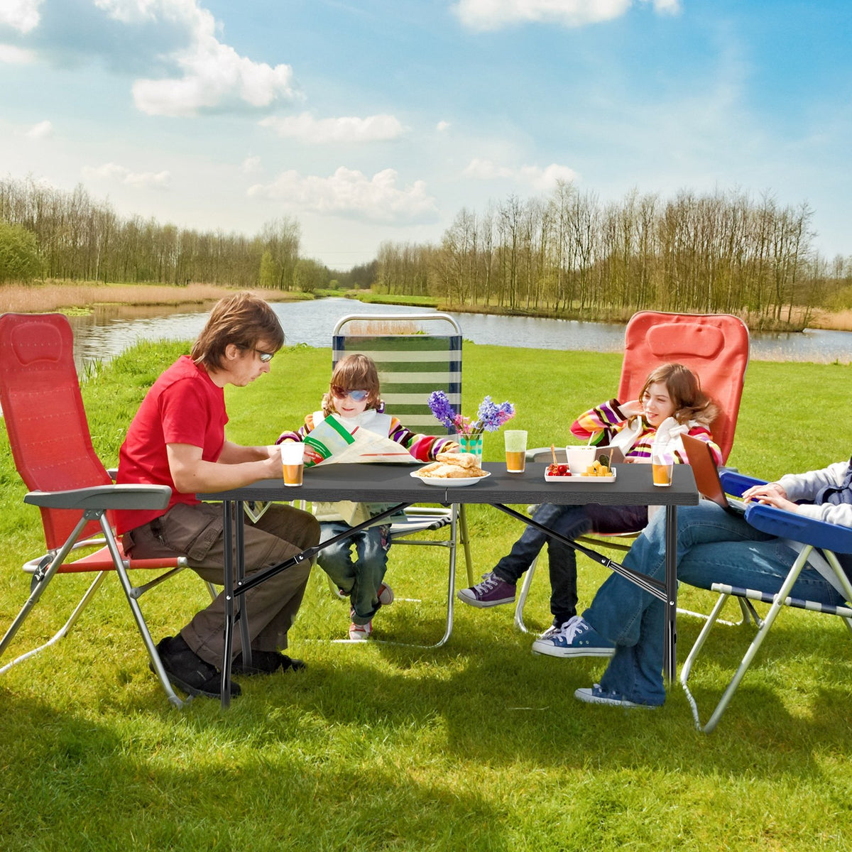 5FT Folding Picnic Table with Wood Grain HDPE Tabletop and, Non-slip Foot Pads-Black view 6