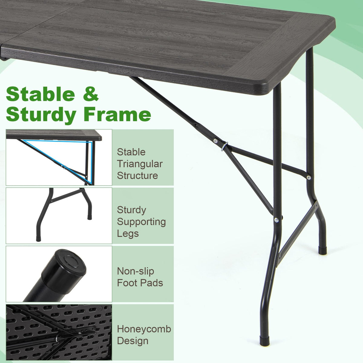 5FT Folding Picnic Table with Wood Grain HDPE Tabletop and, Non-slip Foot Pads-Black view 8