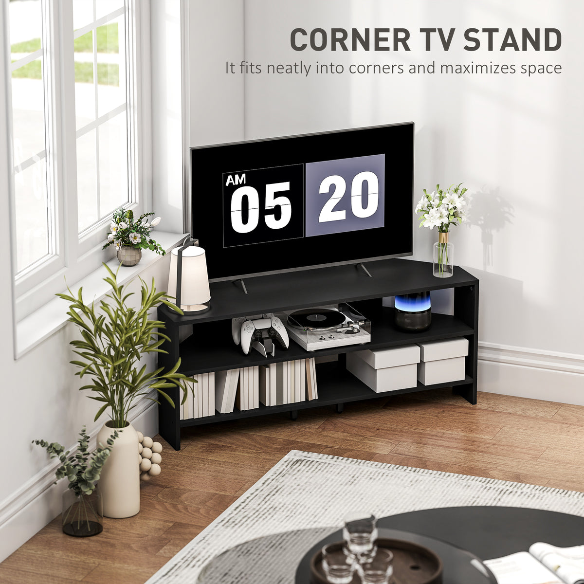 Corner TV Stand, Modern TV Table with 2 Open Shelves for 47 Inch TV, Entertainment Center for Living Room, Black