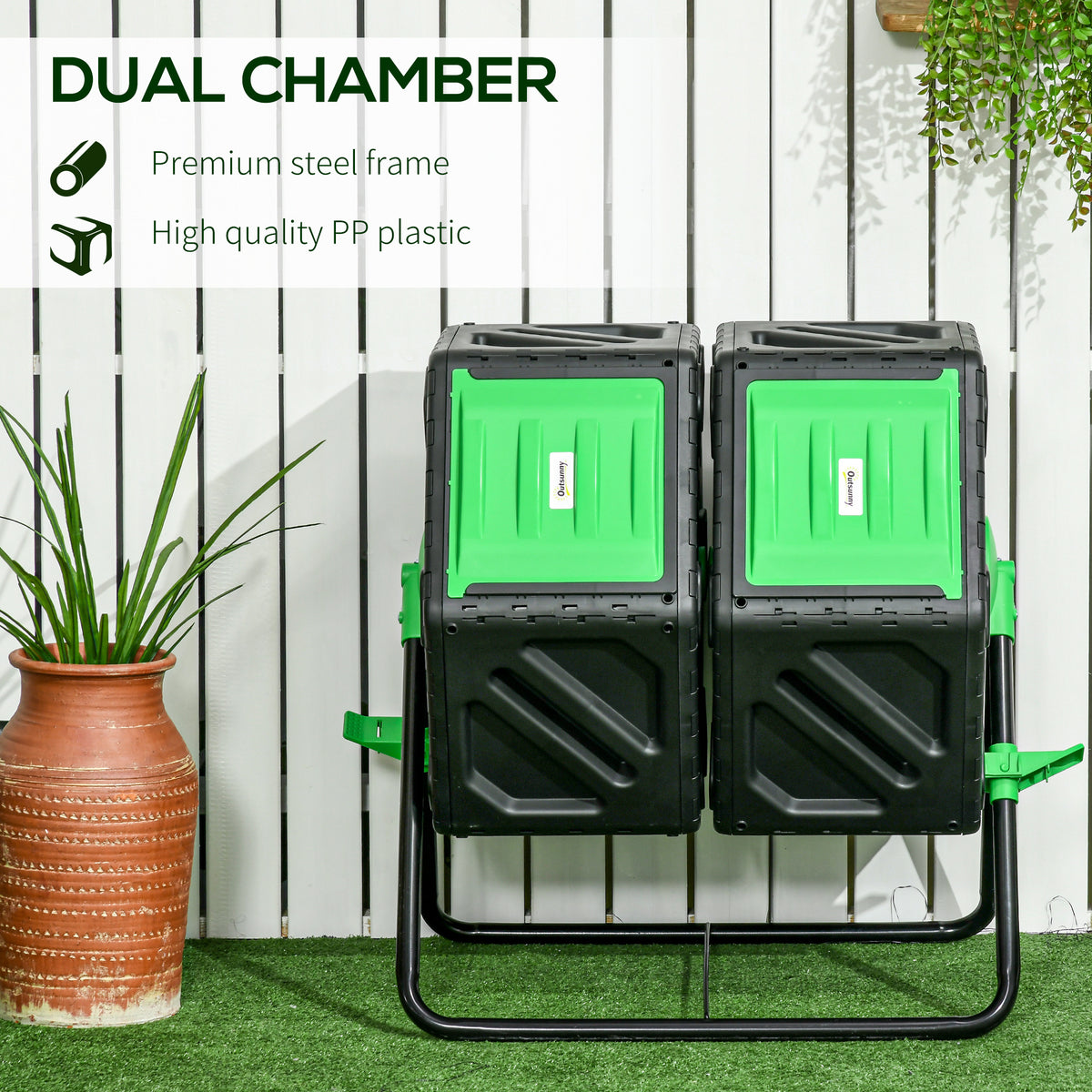 Rotating Composter, Dual Chamber Compost Bin with 24 Vents and Steel Legs, 34.5 Gallon, Brown