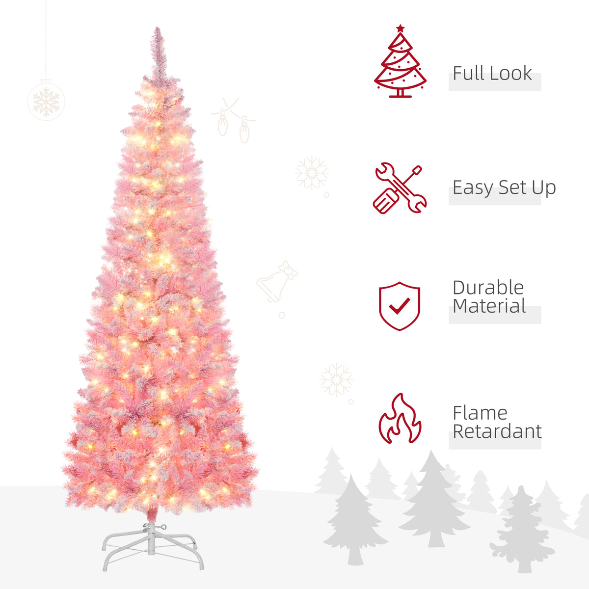 6 Foot Prelit Snow Flocked Artificial Christmas Tree with Pencil Shape, 500 Pine Realistic Branches, Warm White LED lights, Auto Open, Pink and White