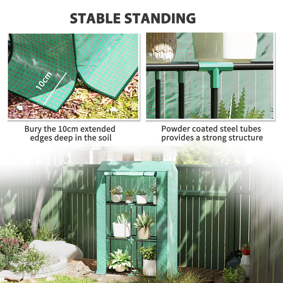 Mini Greenhouse with 3 Tier Shelves, 3 Roll-Up Doors for Indoor Outdoor, Green – view 6